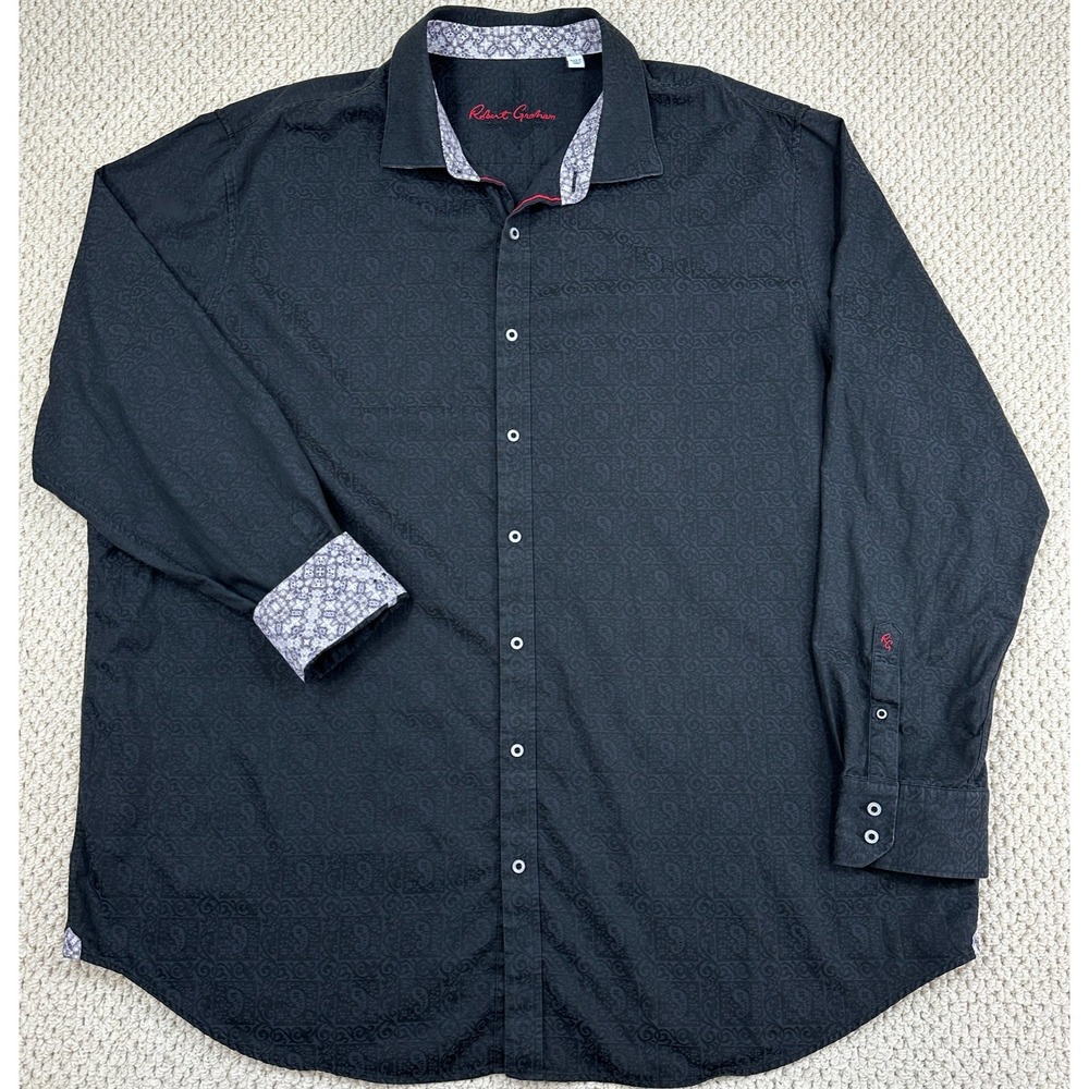 Robert Graham Shirt Mens 3XLT Black Paisley Jacquard Flip Cuff Trim Reg Fit